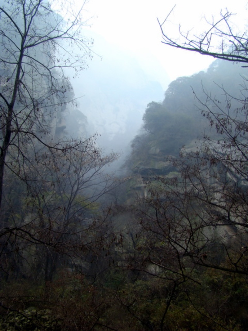 雾中隐约可见巍峨的山峰